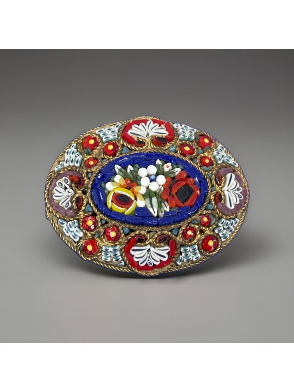 Vintage Floral Micro Mosaic Brooch Flowers Pin Multicolor Oval